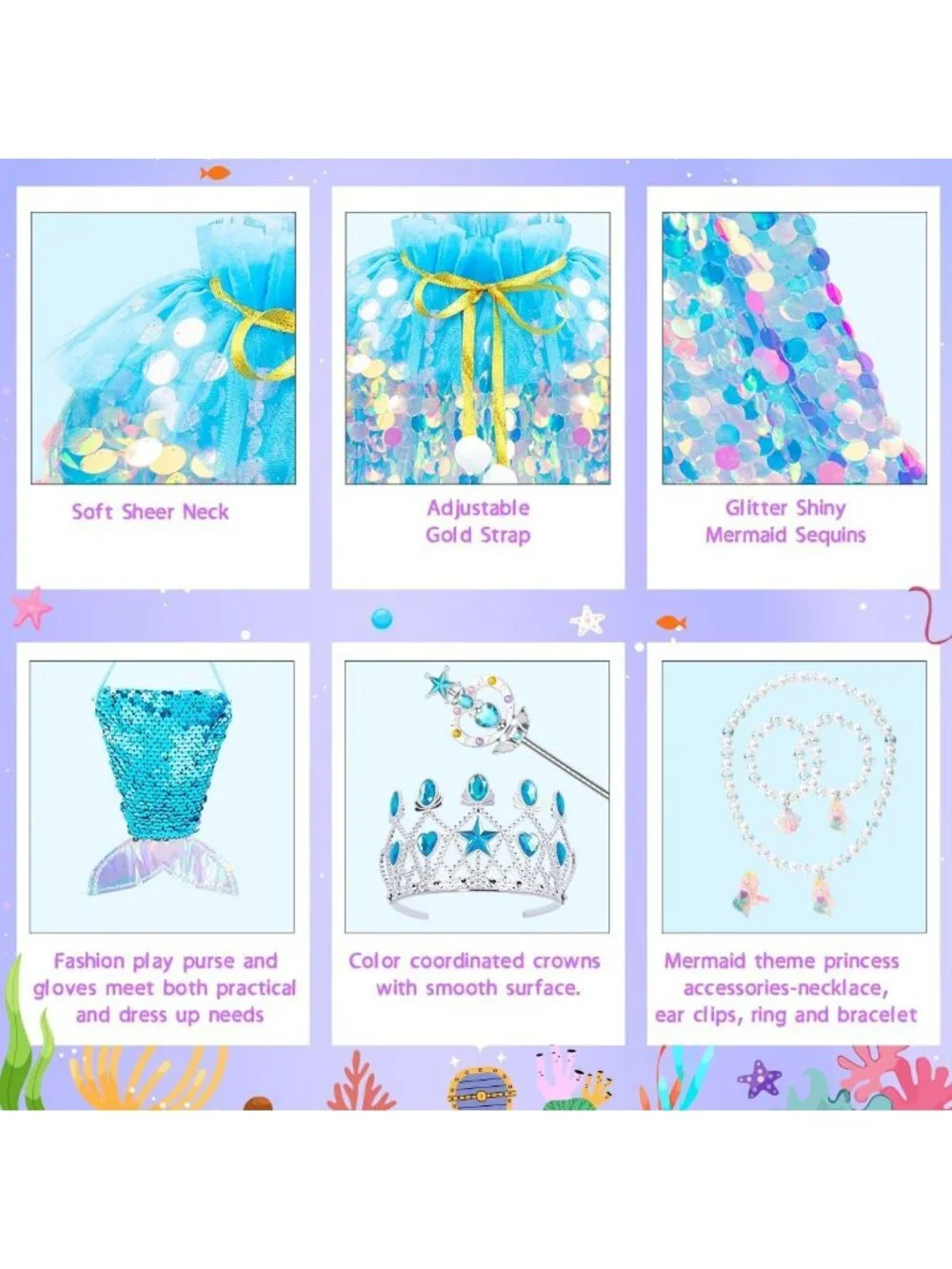 Mermaid Princess Dress Up Cape with Crown Costume Set for Girls Ages 3-8- Blue
